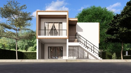 A high-quality 3D rendering of a modern two-story residential house featuring large glass windows, a front balcony, exterior staircase, and minimalistic architectural design. Surrounded by trees and g