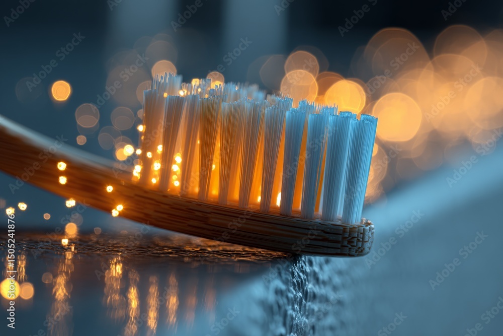 Poster close-up of a bamboo toothbrush with glowing bristles on a wet surface during evening light