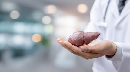 Close-up of a doctor in white coat holding realistic human liver model, symbolizing advanced medical care and liver treatment. Healthcare professional demonstrating organ anatomy for education or surg