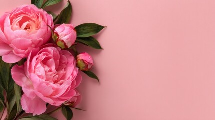 Fototapeta premium Pink flowers with green leaves are arranged in a circle on a pink background