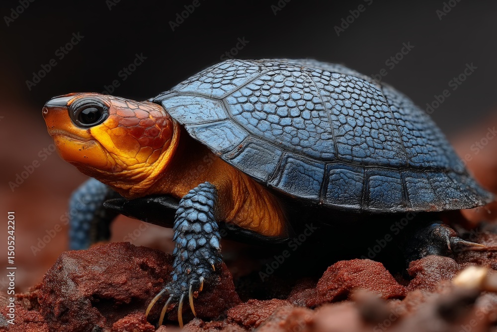 Poster colorful turtle exploring rocky terrain in a lush habitat during daylight hours, showcasing vibrant 