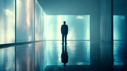 Silhouetted figure in modern architectural space