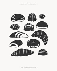 Set of assorted pastries including croissants, donuts, sweet rolls, and filled buns. Hand-drawn vector illustration in engraving style. Bakery and dessert concept for design and print