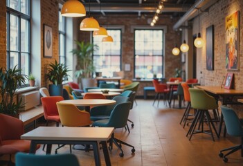 Fototapeta premium Modern office interior featuring empty workstations and colorful chairs
