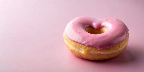 A tenderly bitten into donut with a heart-shaped core and smooth glaze on a soft pink pastel background, creating a sweet and whimsical treat scene , baked goods, pastry