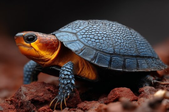 Colorful turtle exploring rocky terrain in a lush habitat during daylight hours, showcasing vibrant shell and unique textures