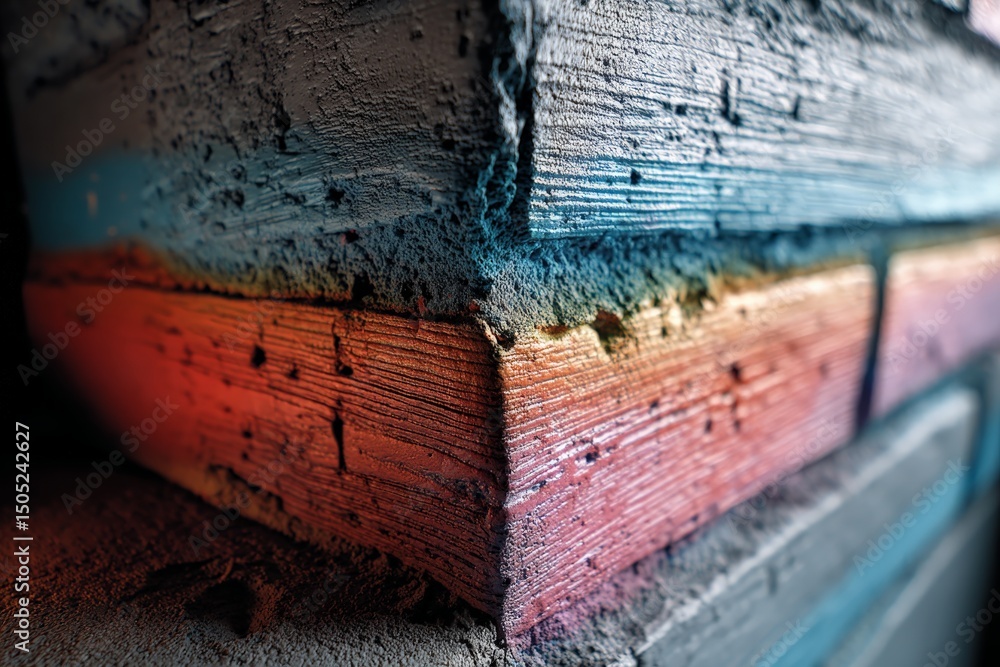 Poster colorful brick wall details with layered texture illuminated by soft light in an urban setting