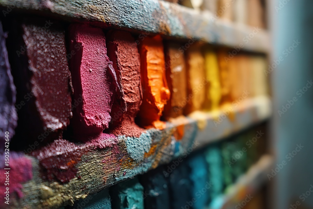 Poster vibrant colors of chalk arranged neatly on a wooden shelf in an art studio during daylight