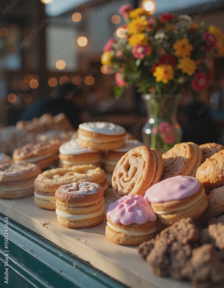 Poster sunlit bakery window display featuring an array of delicious pastries