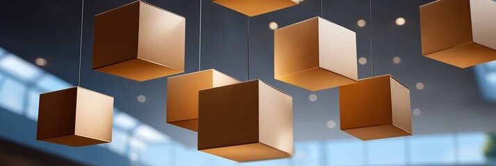 Modern geometric pendant lights hanging in contemporary space