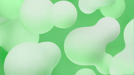 Green liquid blobs set. Abstract colored spheres in flight. Organic liquid shapes flying. . Flowing morphing molecular particles design Vector 3d illustration