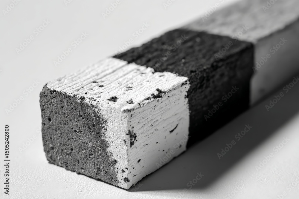 Poster Concrete block featuring alternating black and white sections placed on a textured surface in a minimalist setting