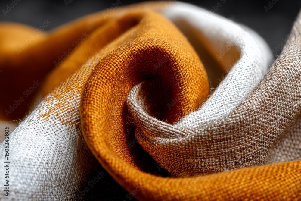 Poster Textured fabric in warm colors displayed with intricate folds and soft drapes creating a cozy atmosphere