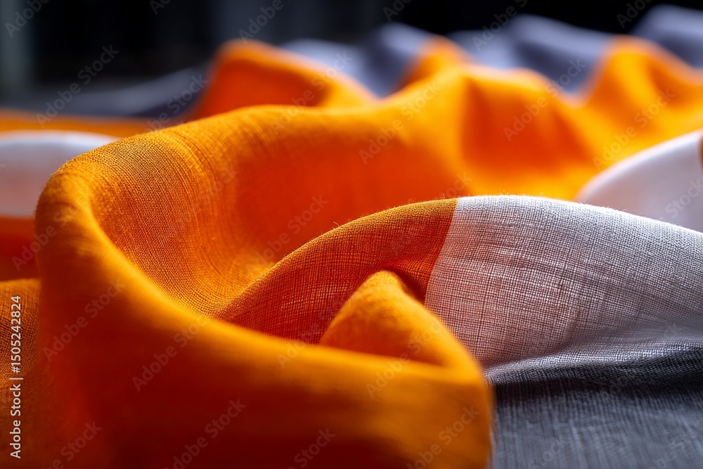 Poster vibrant orange and grey fabric arranged elegantly on a flat surface for a textile display or artisti