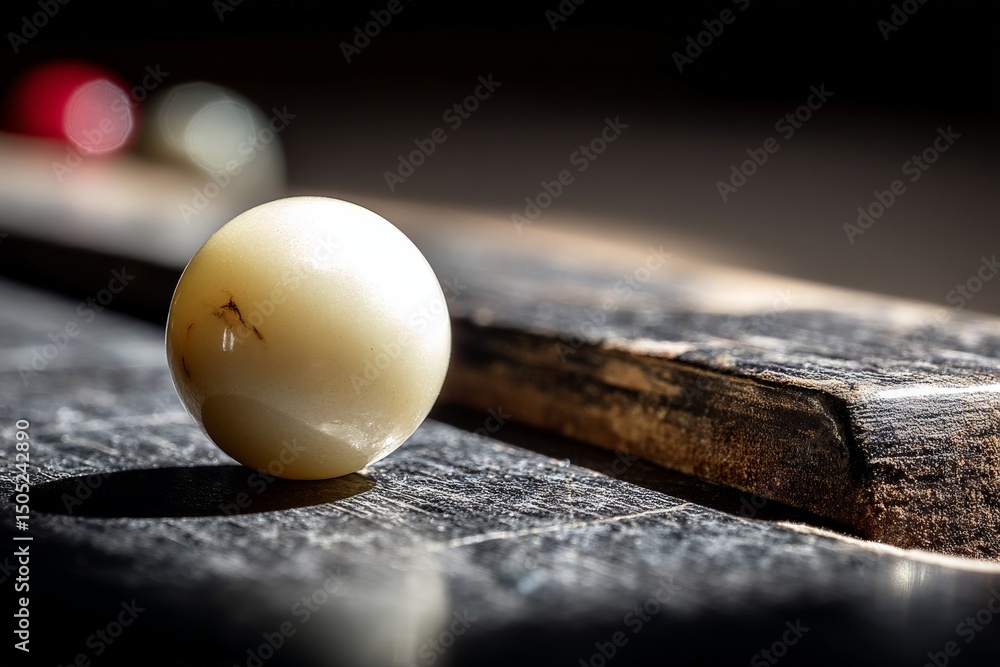 Poster Close-up view of a smooth marble resting on weathered wooden surface with soft light illuminating its details