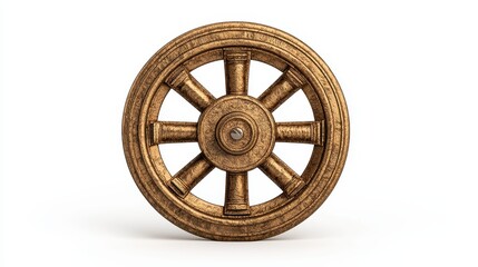 Detailed Gold Eight Spoke Wooden Wheel on White Background