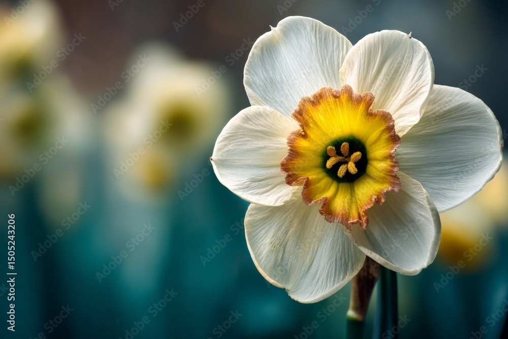 Poster daffodil in full bloom on a sunny spring day in a garden with soft, blurred background