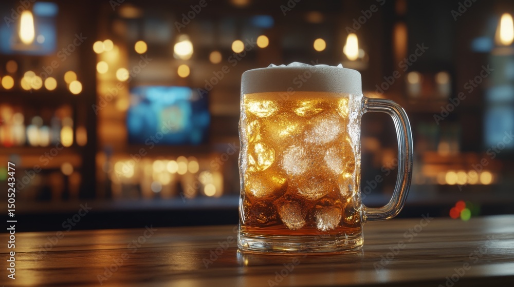 Poster a frosty mug of beer filled with ice, placed on a wooden table with a blurred bar background