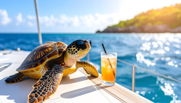 ヨットのデッキでくつろぐウミガメ