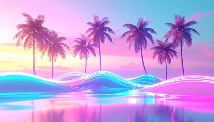 Surreal summer landscape with holographic palm trees and neon ocean waves