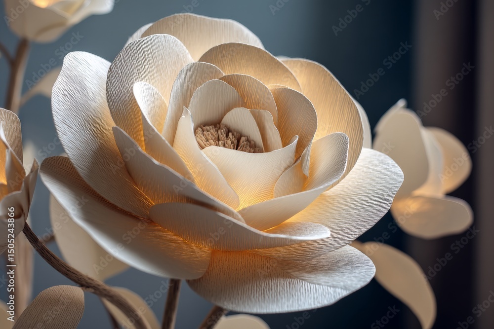 Poster Elegant white flower illuminated with soft light showcasing delicate petals and intricate details in a serene setting