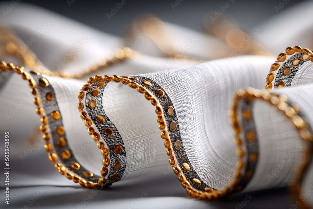Aufkleber Elegant fabric with intricate golden trim displayed in a softly lit environment emphasizing texture and detail