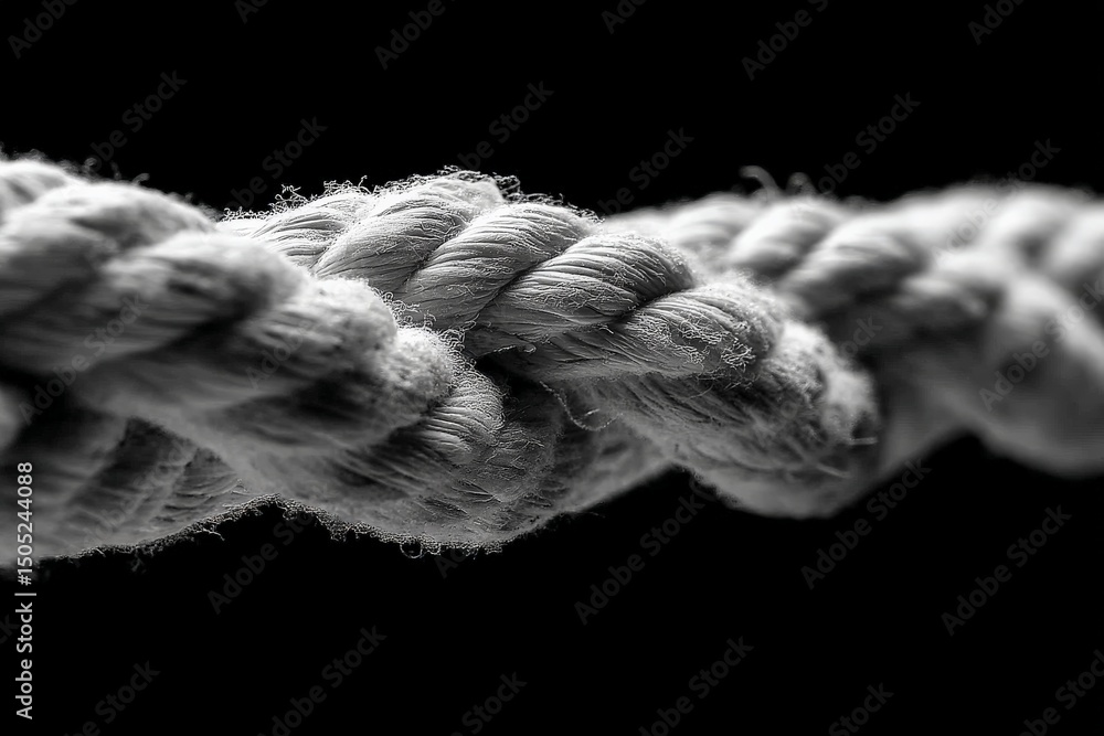 Poster close-up view of intertwined rope showcasing texture and detail in monochrome tones