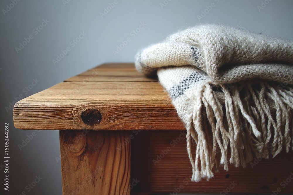 Poster cozy wool blanket draped on a rustic wooden table in a softly lit indoor setting