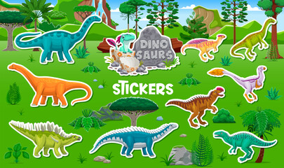 Stickers pack of prehistoric dinosaur and reptile characters. Cartoon dino animals and baby in egg on green grass vector background. Funny kentrosaurus, datousaurus and anchisaurus dinosaurs stickers © Vector Tradition