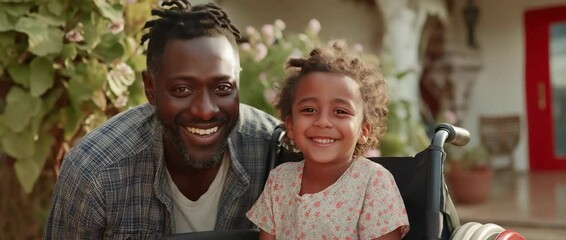 A joyful moment shared between a father and his young son in a wheelchair, showcasing love, support - Powered by Adobe