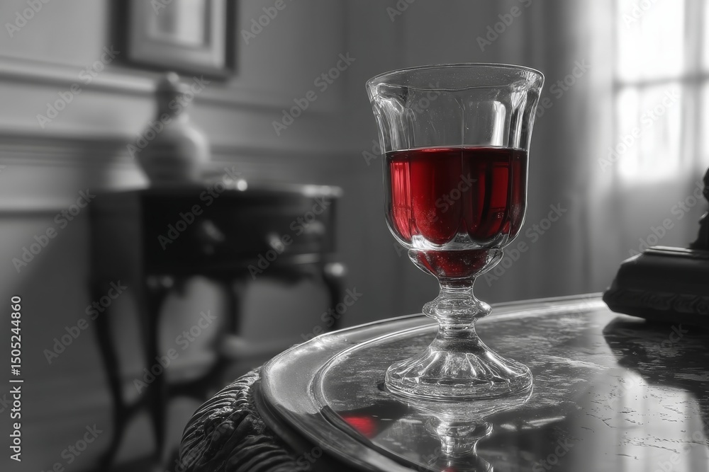 Poster elegant glass with deep red liquid displayed on a vintage table in a softly lit room, creating a tim
