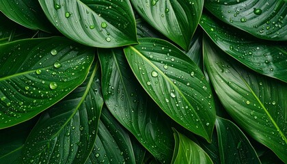 Fototapeta premium Fresh dew on overlapping green leaves, rich macro texture and tropical feel