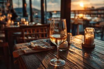 Elegant dining experience with sunset view at a waterfront restaurant during golden hour
