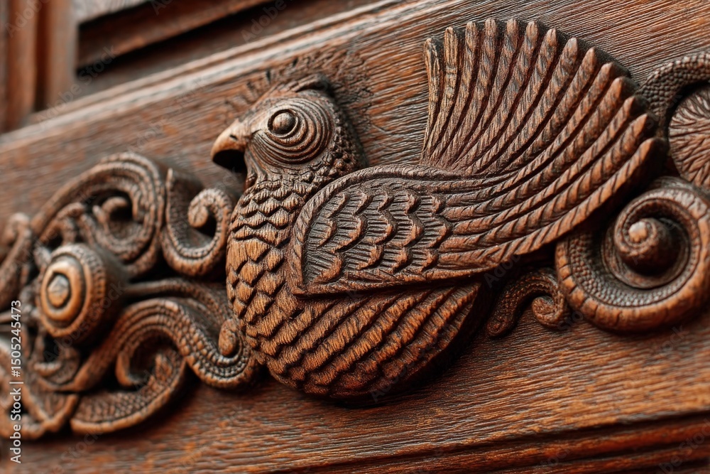 Poster intricate wooden carving of a bird displayed on a rich brown panel in an artistic setting