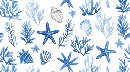 Watercolor Illustration of Marine Life Including Starfish Seashells and Blue Coral Elements on White Background