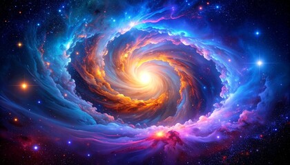 Spiral galaxy nebula with bright blues, abstract outer space backdrop