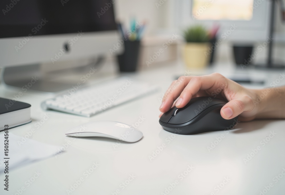 Poster hand holding a wireless computer mouse on a modern desk setup