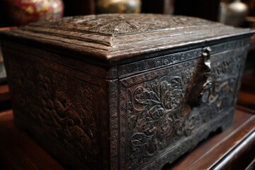 Intricately carved antique wooden box displayed in a vintage museum setting during the daytime
