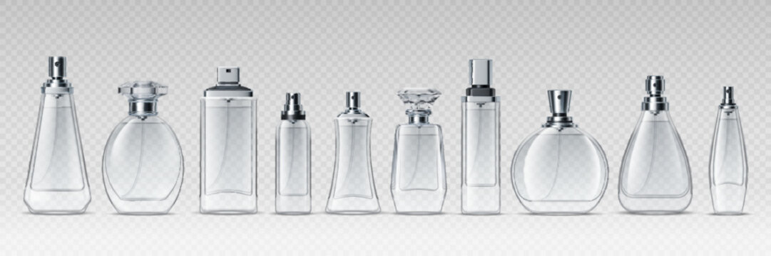 Cosmetic glass bottle mockups of realistic perfume and fragrance spray, vector set. Transparent glass bottles of perfume atomizer with silver metal caps and crystal lids for perfumery cosmetic mockups