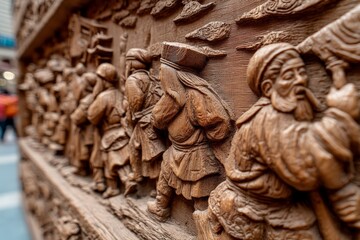 Obraz premium Intricately carved wooden relief depicting historical figures in a bustling urban area