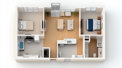 Two Bedroom Apartment Floor Plan 3D Rendering Modern Home Interior Design