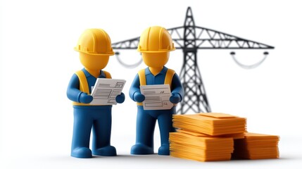 Two 3D Model Construction Workers Reviewing Blueprints Near Powerline Tower