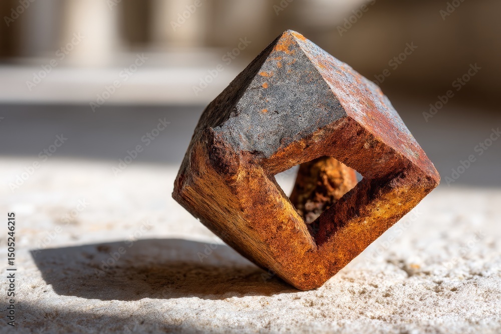 Aufkleber Unique rusty geometric sculpture rests on a stone surface capturing sunlight in an artistic display of texture and shape