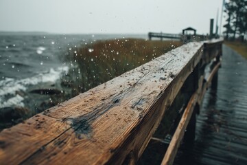 Naklejka premium Rain falls gently atop a wooden railing by the waterfront on a gloomy day