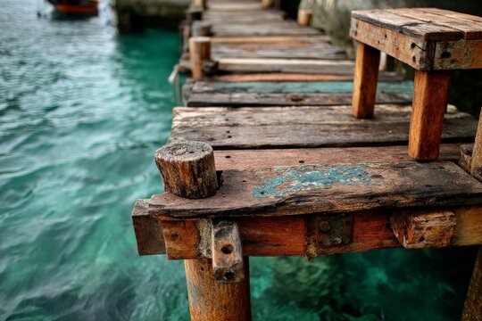 Wooden dock extending into clear turquoise water at a tropical location on a sunny day