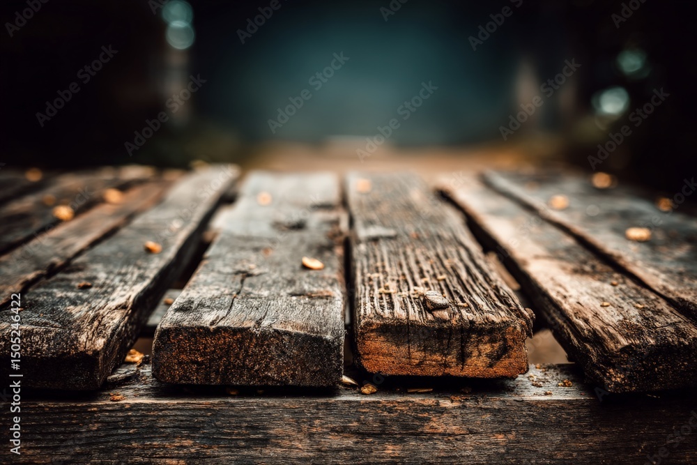 Aufkleber Weathered wooden planks create a rustic pathway in tranquil forest setting during golden hour light