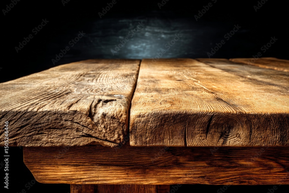 Poster rustic wooden table with a grainy texture illuminated against a dark background