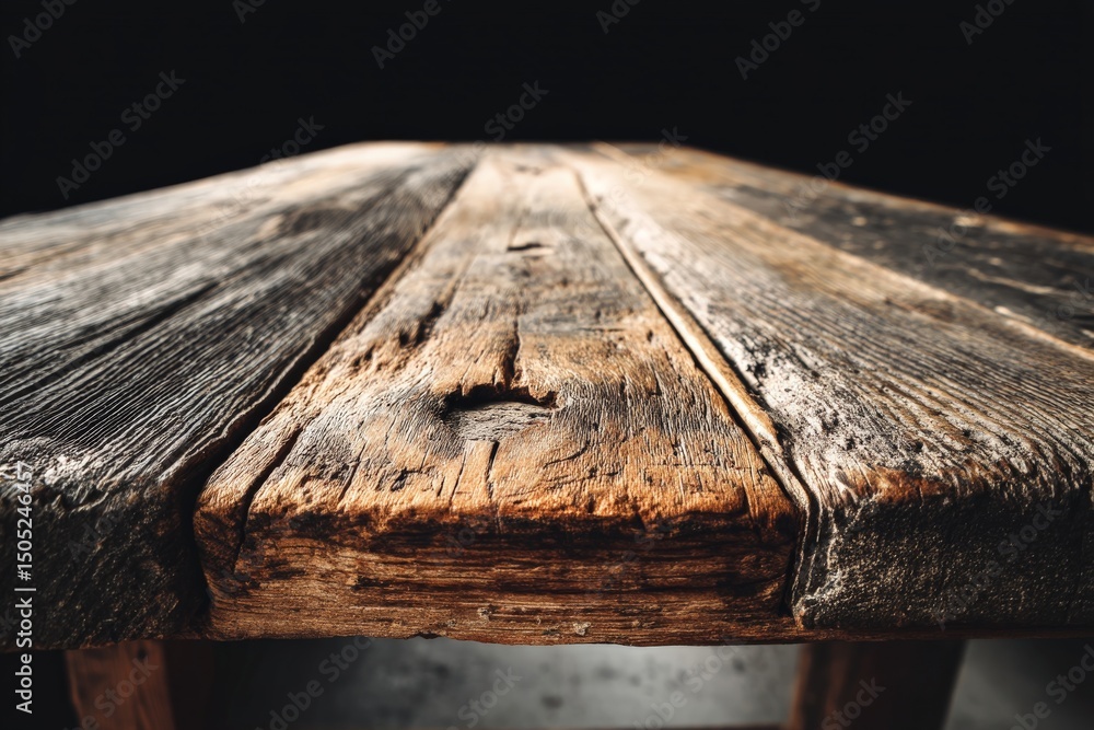 Poster rustic wooden table highlights texture and character in a dimly lit atmosphere