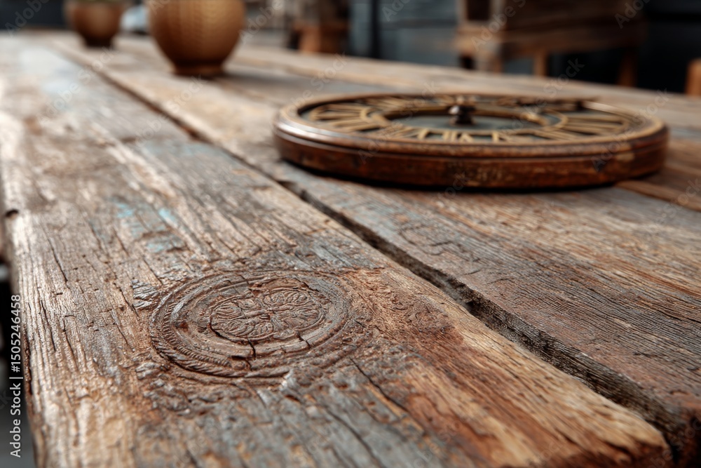 Poster rustic wooden table featuring vintage clock and intricate carvings in a cozy indoor setting filled w