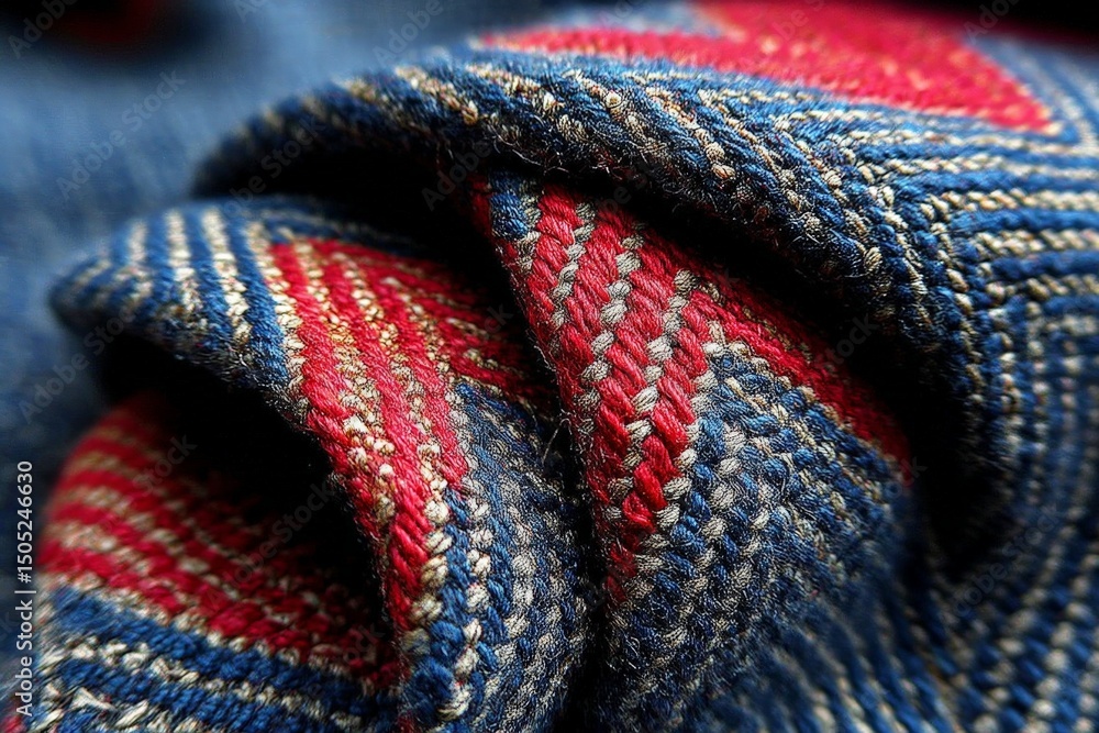 Poster close-up view of textured fabric showcasing vibrant blue and red herringbone pattern weaving details